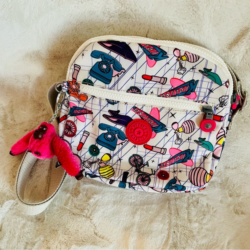 Kipling Keefe Crossbody Bag in Sweet Shop Print w/ Monkey Keychain - Picture 2 of 10